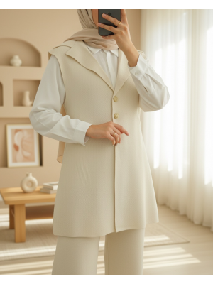 Düğmeli V Yaka Yelek Pantolon Triko Takım -Krem