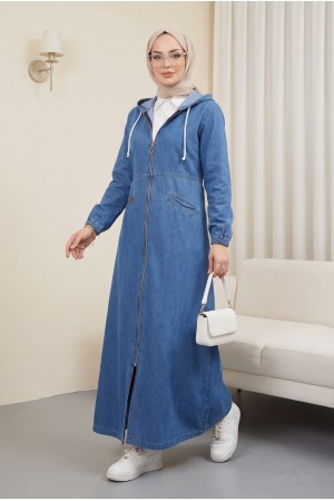 Yan Cepli Kolu Lastikli Kapşonlu Kot Kap  -Mavi