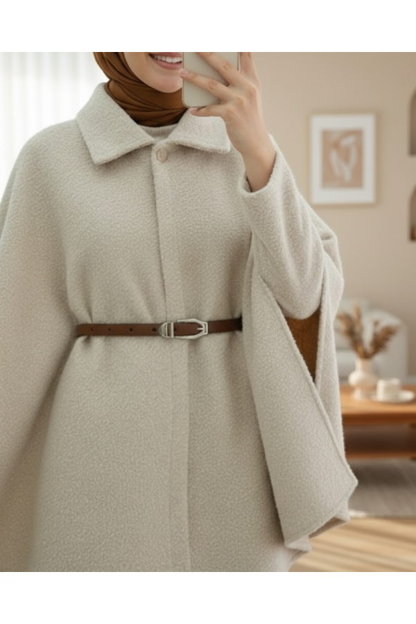 Single Buttoned Belted Bearded Poncho - Beige