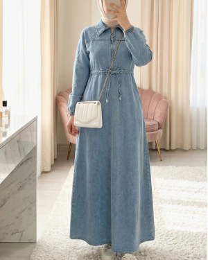 Denim dress with tunnel drawstring waist, half-zip, and elasticated cuffs. -Ice Blue