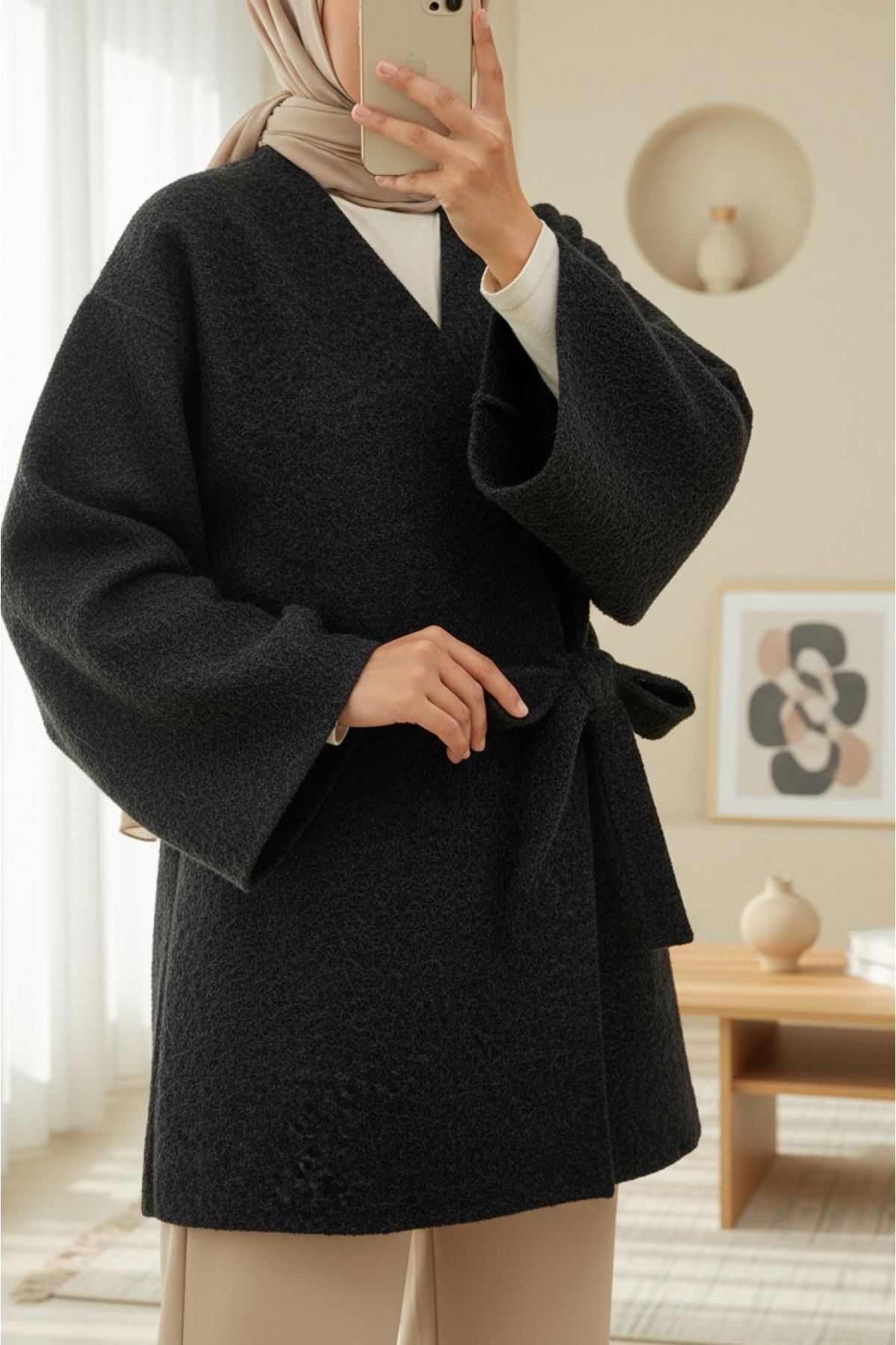 Side  Tie Bearded Kimono -Black