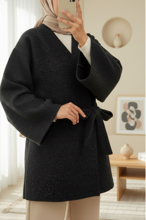 Yandan Bağlamalı Sakallı Kimono  -Siyah