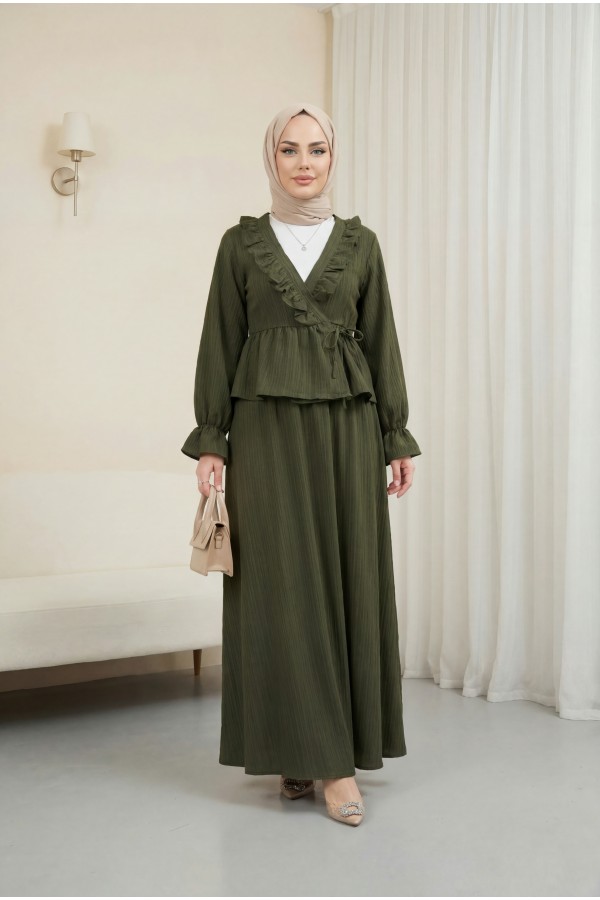 Yakası Fırfırlı Önü Bağlamalı Etekli Kimono Takım   -Haki