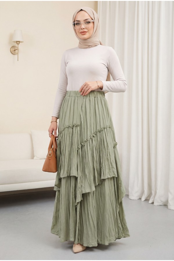 Elasticated Waist Linen Voile Layered Skirt -Cagla Green