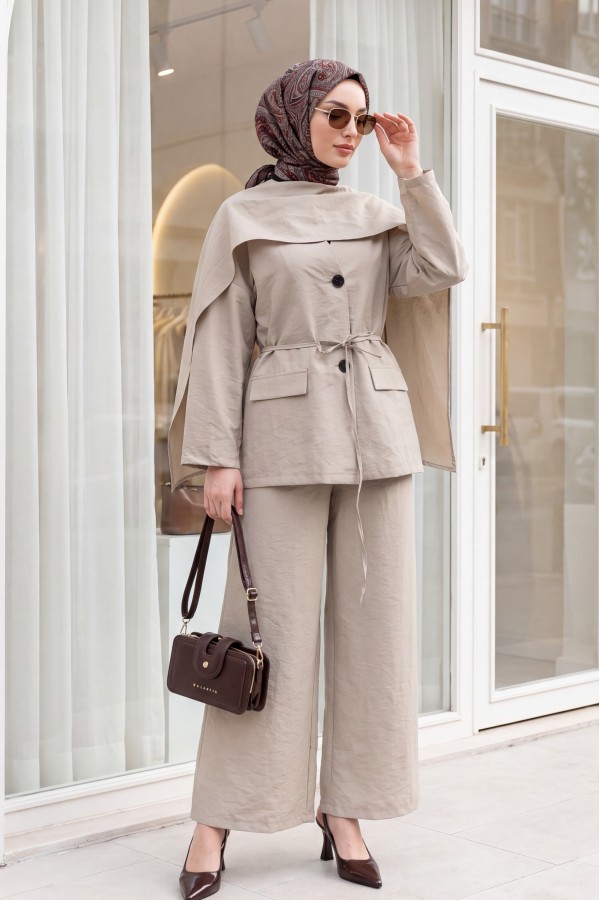 Pocket Detail V-Neck Drawstring Parachute Suit with Scarf -Stone