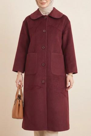 Boydan Düğmeli Cepli Kaban  -Bordo