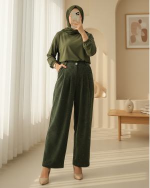 Cepli Bol Paça Pul Detaylı Kadife Pantolon  -Haki