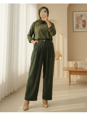 Cepli Bol Paça Pul Detaylı Kadife Pantolon  -Haki