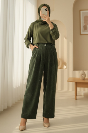 Cepli Bol Paça Pul Detaylı Kadife Pantolon  -Haki