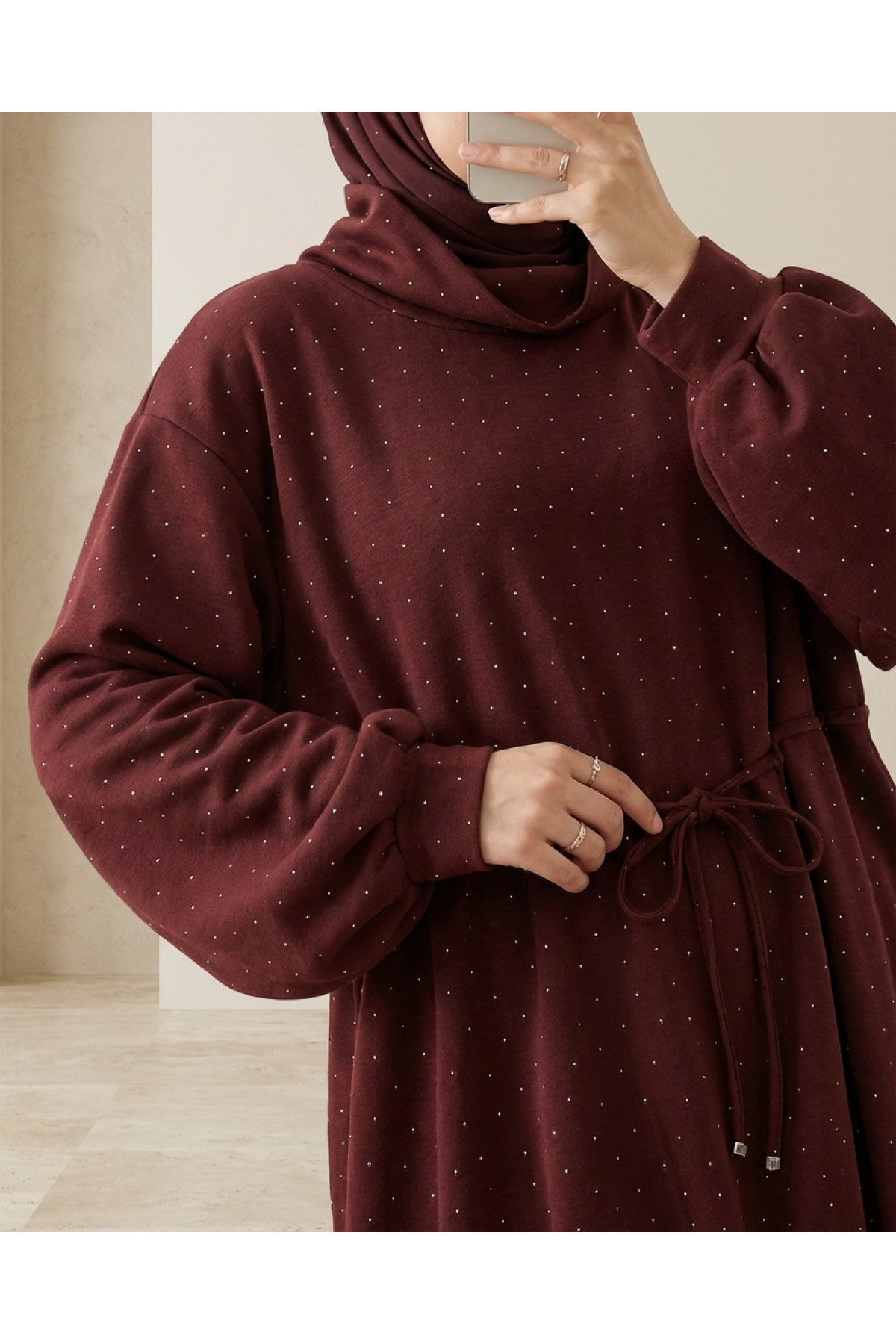 Oysho Sweat with Elastic Skirt and Tied Waist and Half Turtleneck -Maroon