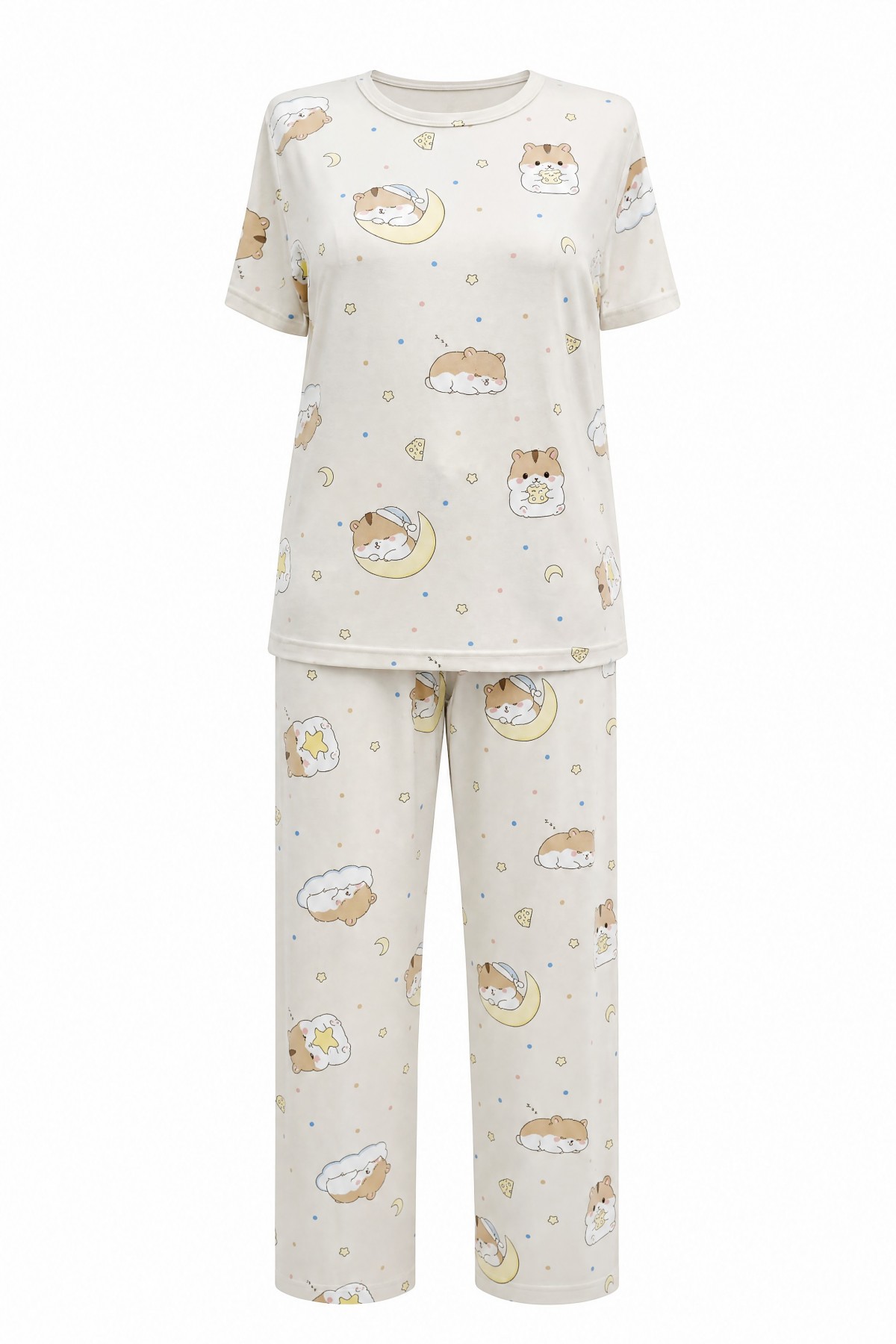 طقم بيجاما قطني بأكمام قصيرة ورقبة دائرية بنقشة متنوعة -لون كريمي