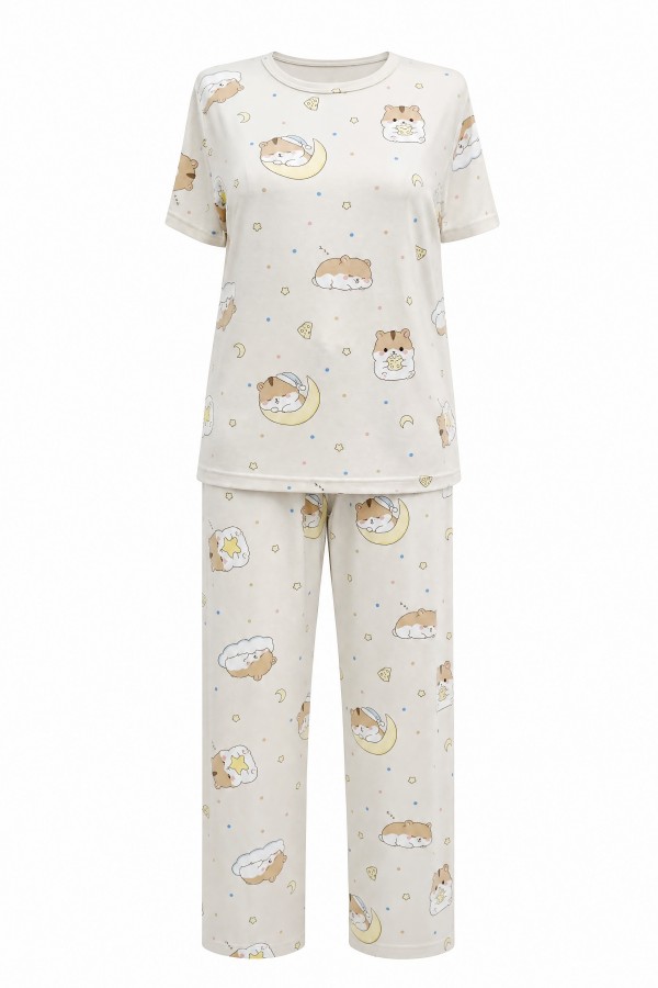 Karışık Figür Desenli Bisiklet Yaka Kısa Kol Penye Pijama Takımı -Krem