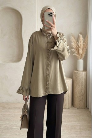 Shirt with Long Back, Long Sleeves and Ruffles at the Front -Mink color