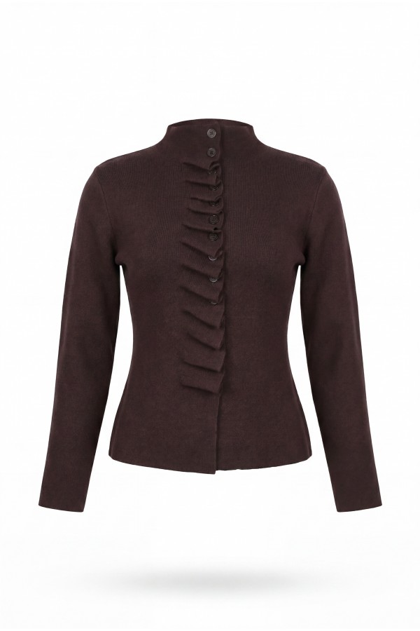 Buttoned, High-Neck Knit Cardigan with Ruffled Front -Dark Coffee