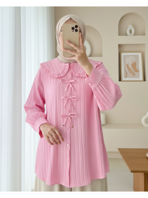 Önü Kurdele Detaylı Düğmeli Önlük Yaka Gömlek -Pembe