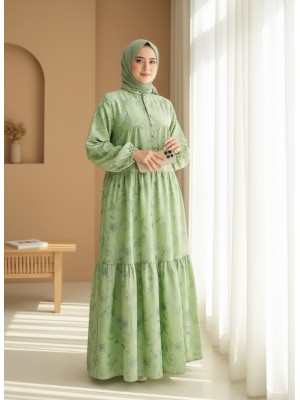 Half Buttoned Jacquard Printed Piece Dress with Elastic Sleeves  -Khaki