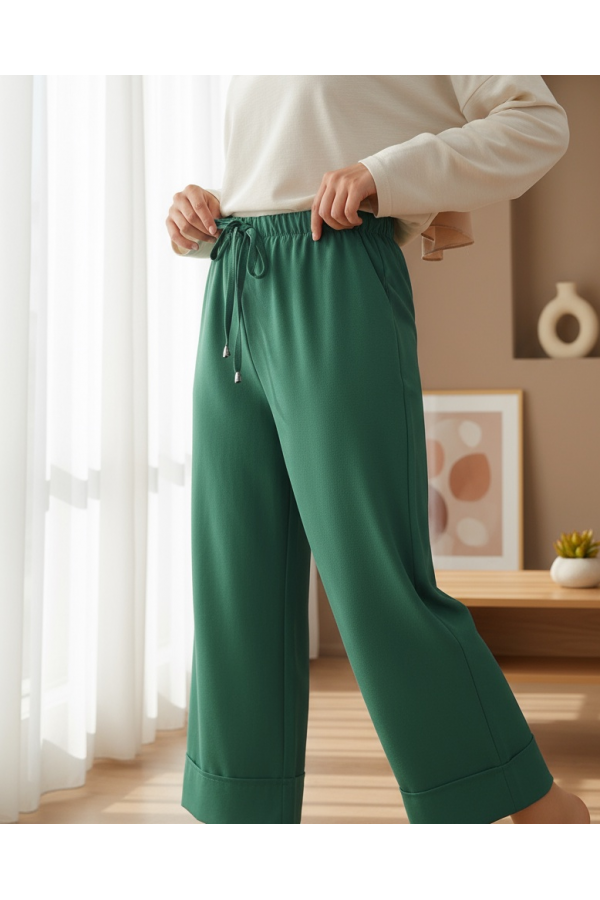 Bağcık Detaylı Double Paça Dikişli Pantolon   -Yeşil
