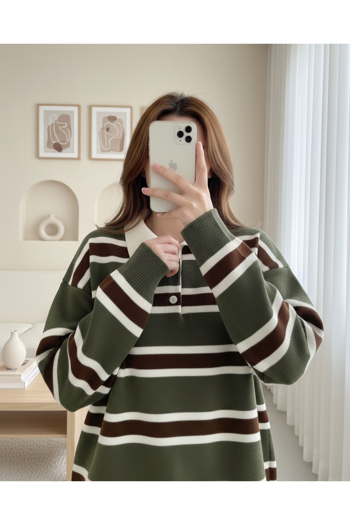 Polo Collar Buttoned Colorful Striped Knit Sweater -Khaki