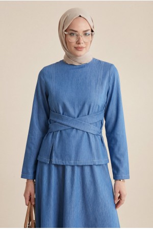 Yuvarlak Yaka Beli Çapraz Bağcıklı Etekli Tensel Takım -Mavi