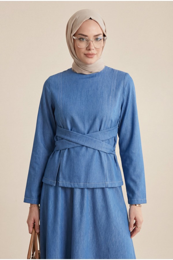 Round Neck, Cross-Tie Waist, Skirted Tencel Set -أزرق
