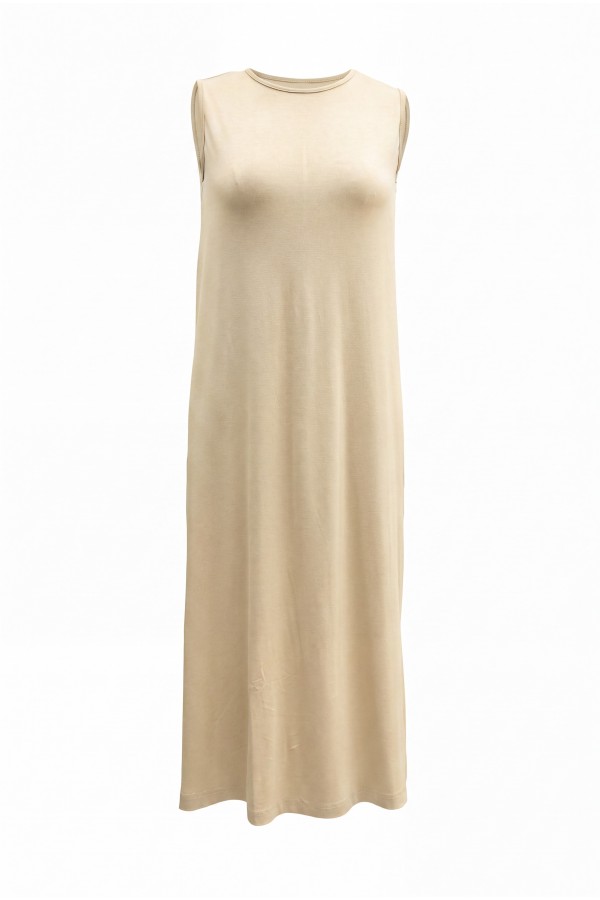 Crew Neck Sleeveless Long Cotton Undershirt - Beige