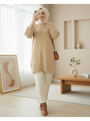 Baklava Desenli Yumoş Triko Tunik -Açık Vizon