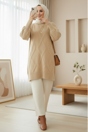 Baklava Desenli Yumoş Triko Tunik -Açık Vizon