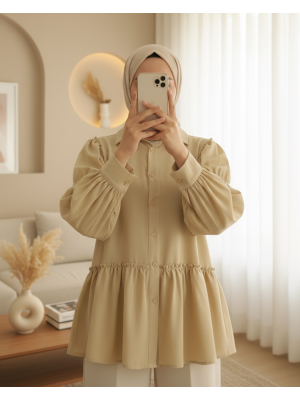 Koldan Büzgülü Fırfır Detaylı Gömlek -Açık Vizon