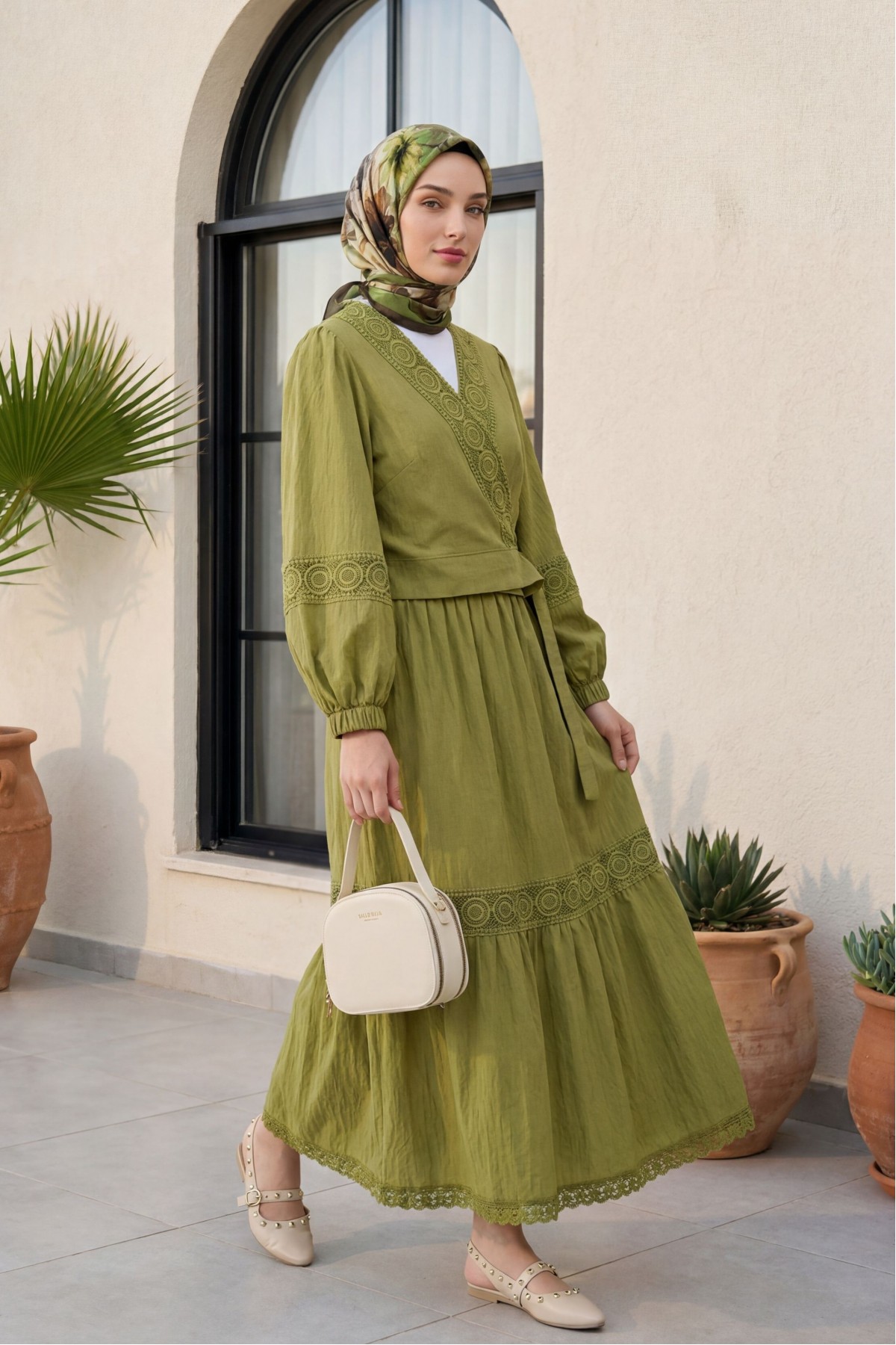 Lace Detailed Tied Elastic Sleeve Knit Skirt Suit -Olive