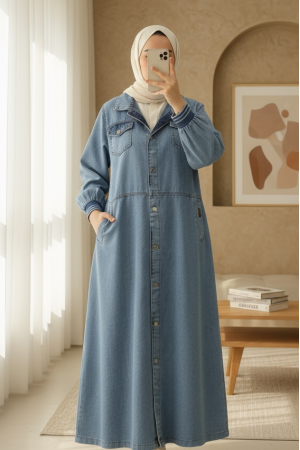 Boydan Düğmeli Cepli Kolu Ribanalı Kot Kap -Buz Mavi