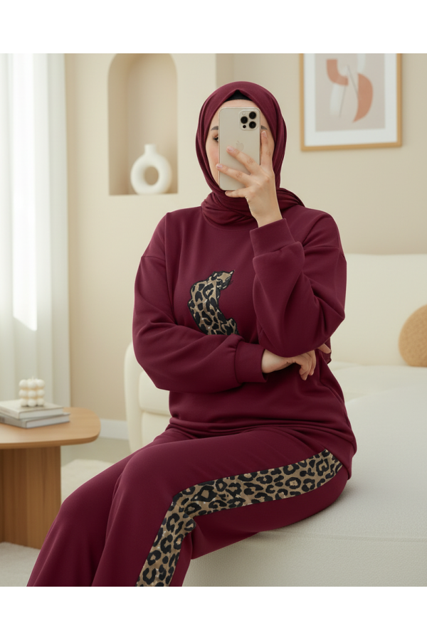 Leopar Figürlü Ve Desenli Pantolonlu Scuba Takım  -Bordo