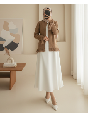 Tek Düğmeli Saçaklı Yumoş Triko Hırka  -Vizon