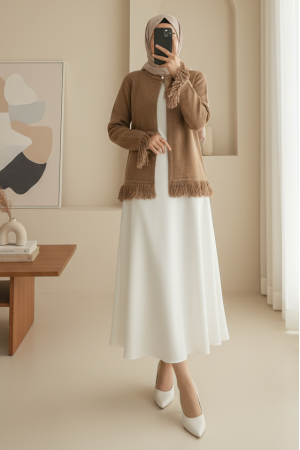 Tek Düğmeli Saçaklı Yumoş Triko Hırka  -Vizon