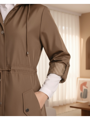 Astarı Çizgili Trençkot  -Taba