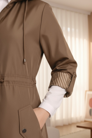 Astarı Çizgili Trençkot  -Taba