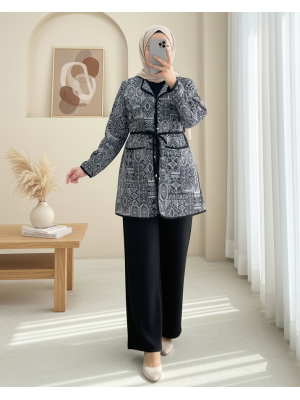 Beli Bağlamalı Çift Cepli Desenli Scuba Takım -Siyah