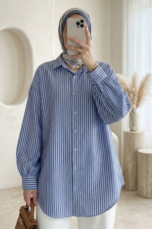 Çizgili Düğmeli Arkası Uzun Salaş Gömlek -İndigo