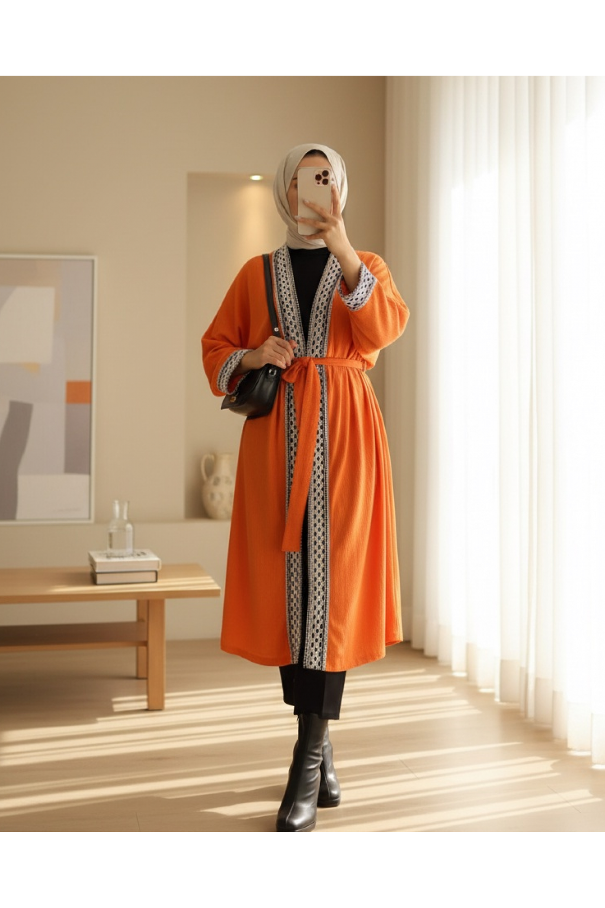 Ethnic Striped Tie Long Kimono -Orange