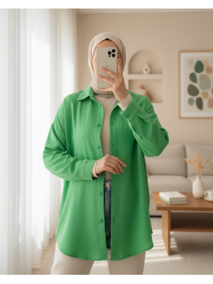 20153 Tek Cepli Oversize Keten Gömlek - Yeşil