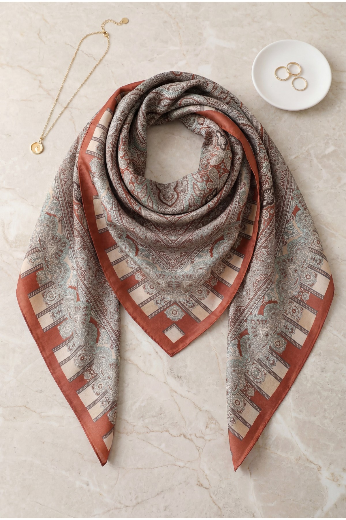 Authentic Patterned Cotton Scarf  -Brick color