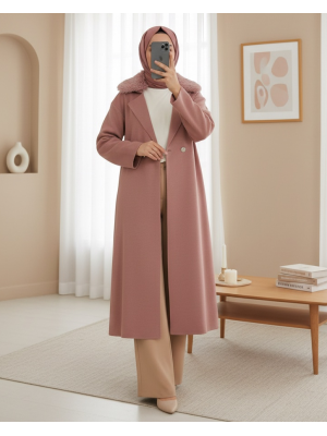 Yakası Kürklü Çift Düğmeli Uzun Triko Hırka -G.Kurusu