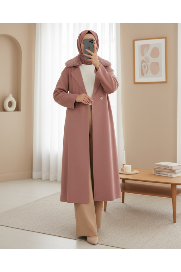 Fur Collar Double Buttoned Long Knitted Cardigan -Dried rose