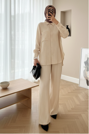 Tek Cepli Fitilli Tensel Kumaş İkili Takım  -Bej