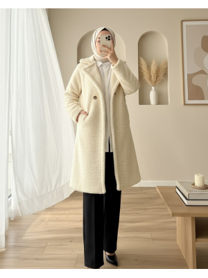 Çift Düğmeli Astarlı Yan Cepli Peluş Kaban -Açık Vizon