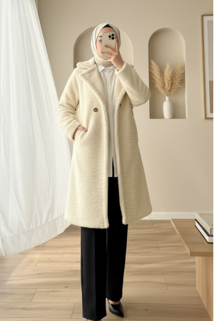 Çift Düğmeli Astarlı Yan Cepli Peluş Kaban -Açık Vizon