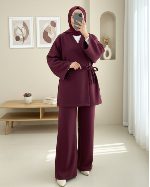 Cross-Laced Stamped Kimono -Maroon