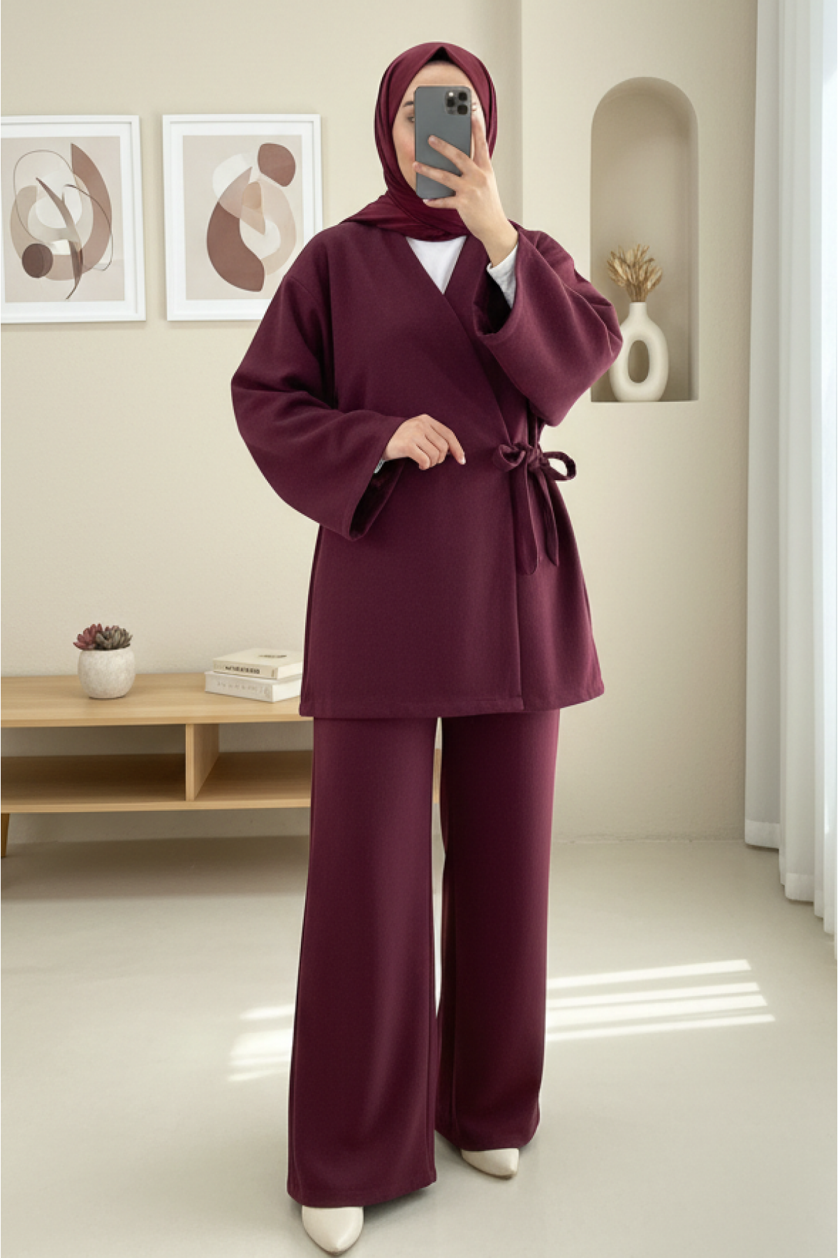 Cross-Laced Stamped Kimono -Maroon