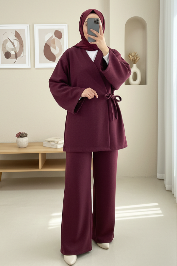 Çapraz Bağlamalı Kaşe Kimono -Bordo