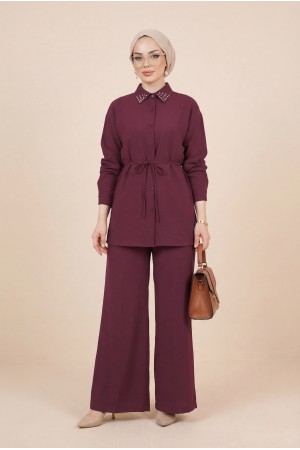 Yakası Taşlı Belden Bağlamalı Pantolonlu Takım -Bordo