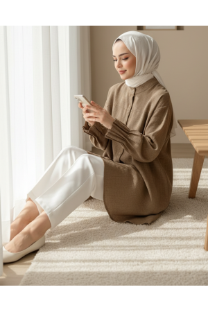 Kol Manşeti Drapeli Oval Kesim Gömlek           -Açık Kahverengi